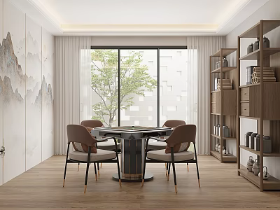 Hotel Mahjong Room Interior With Round Table Chairs Bookshelf Landscape Painting Wall And Tree View 3d model