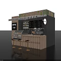 Coffee Shop Featuring Coffee Time Sign Menu Board Dessert Display Espresso Machine Gold Bar Stools