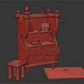 Vintage Wooden Bookshelf With Shelves Drawers Red Bottle Books Small Stool And Green Rug