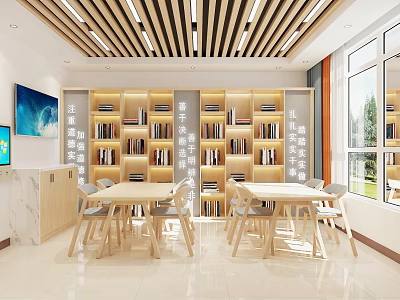 Bright Book Art Reading Space with Modern Bookshelves and Natural Light Windows 3d model