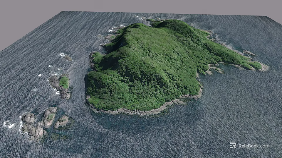 Aerial View Of Lush Green Island Surrounded By Ocean And Rocky Coastline 3d model 