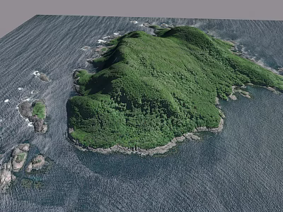 Aerial View Of Lush Green Island Surrounded By Ocean And Rocky Coastline 3d model