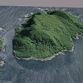 Aerial View Of Lush Green Island Surrounded By Ocean And Rocky Coastline