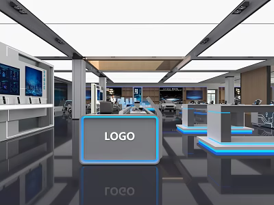 Modern Exhibition Hall Interior With Large Screens Display Counters And LOGO Sign 3d model