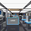 Modern Exhibition Hall Interior With Large Screens Display Counters And LOGO Sign