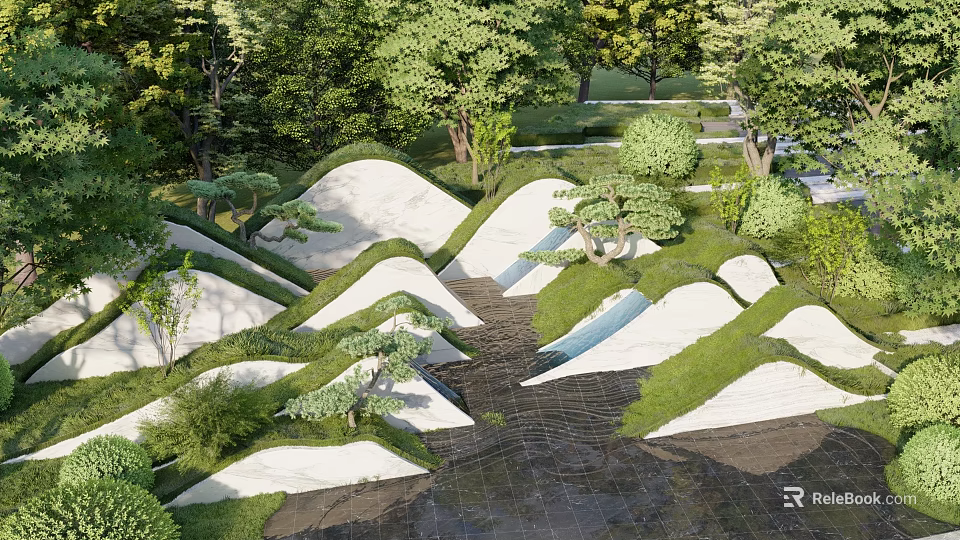 Natural Garden Landscaping With Green Trees White Mounds Small Plants And Stream 3d model 