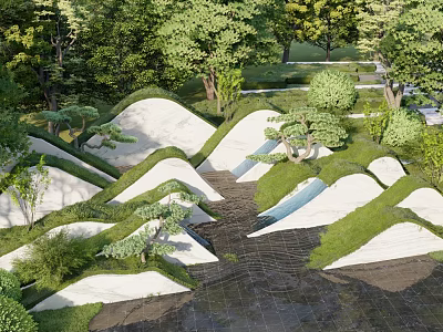 Natural Garden Landscaping With Green Trees White Mounds Small Plants And Stream 3d model