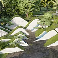 Natural Garden Landscaping With Green Trees White Mounds Small Plants And Stream