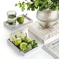 Decorative Ornament Set With Green Plants Vase Pears Books Magazines And Tray