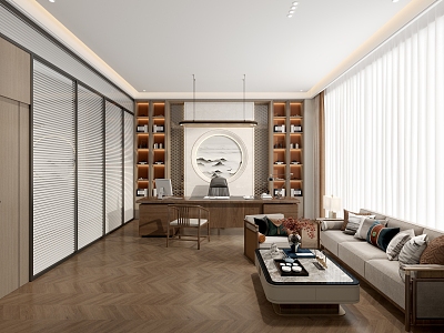 New Chinese-style Manager Room Chinese-style New Chinese-style Office Manager Room Tea Cabinet Chinese-style Sofa Wood Floor Fishbone Glass Partition Curtain Venetian Blinds 3d model