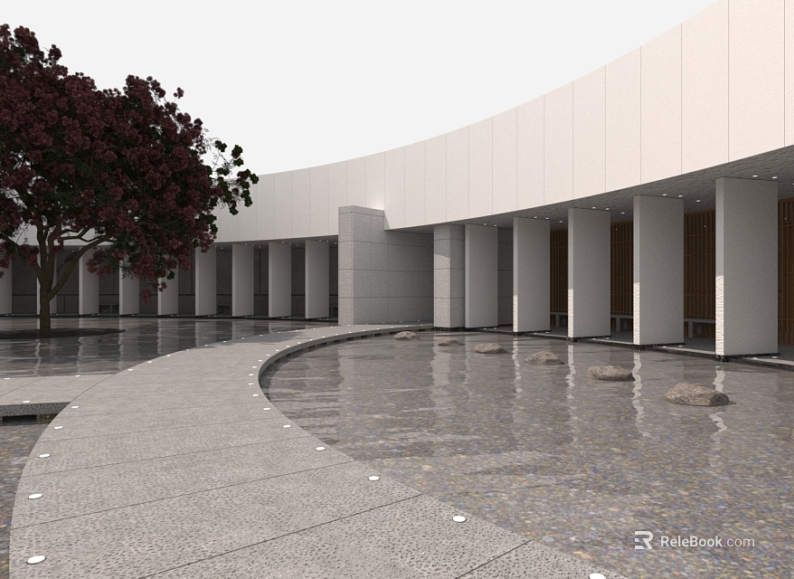 Modern Garden Landscape With Curved White Building Water Pool Stone Walkway And Dark Red Tree 3d model 