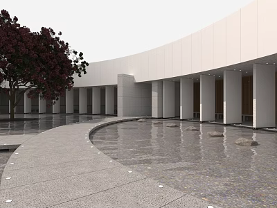 Modern Garden Landscape With Curved White Building Water Pool Stone Walkway And Dark Red Tree 3d model