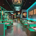 Modern Asian Restaurant Interior With Neon Lights Green Seats And Spicy Hotpot Grilled Specialties
