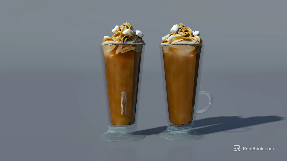 Two Tall Glass Beverages Topped With Whipped Cream And Crushed Nuts 3d model 