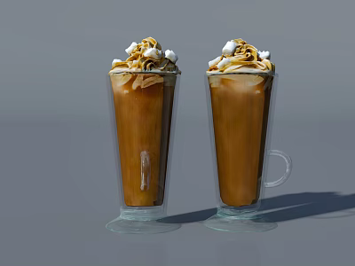 Two Tall Glass Beverages Topped With Whipped Cream And Crushed Nuts 3d model