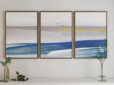 Three Panel Wall Art With Blue White Gray Waves Flying Birds And Golden Accents 3d model