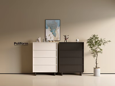 Poliform White And Black Console Cabinet With Side Cabinet Interior Decorative Painting And Plant 3d model