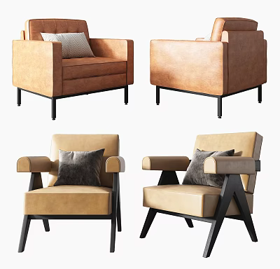 Modern Accent Chair With Tan Beige Leather Fabric Black Metal Legs Armrests And Comfortable Pillows 3d model