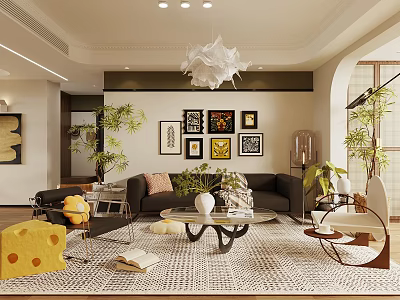 Modern Cream Style Living And Dining Room With Art Gallery Wall And Lush Green Plants 3d model