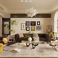 Modern Cream Style Living And Dining Room With Art Gallery Wall And Lush Green Plants