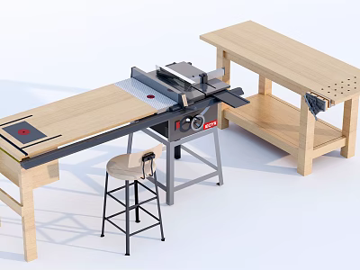 Wooden Workbench Table Set With Stool Shelf And Metal Frame Design 3d model