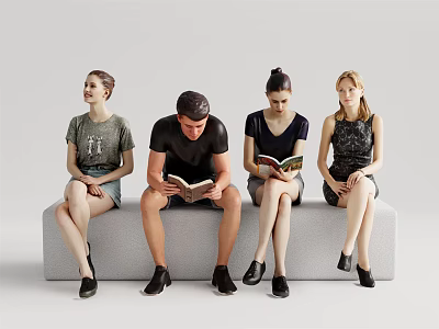 People sitting on gray bench with two reading books in simple setting 3d model