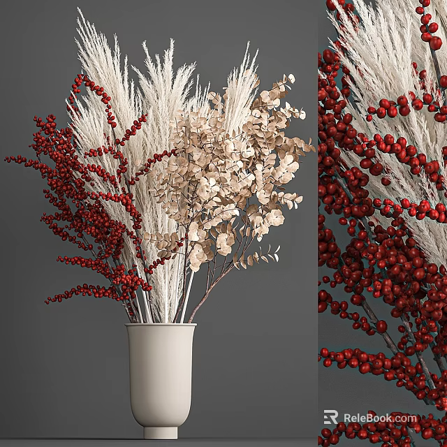 Elegant Decorative Ornament Set With Red Berries Beige Leaves And White Reeds In White Vase 3d model 