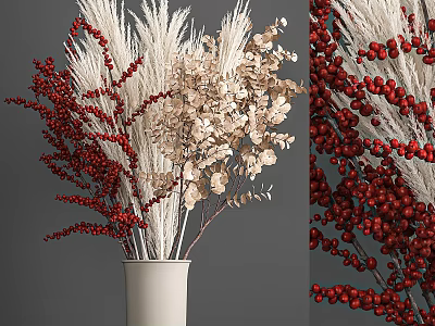 Elegant Decorative Ornament Set With Red Berries Beige Leaves And White Reeds In White Vase 3d model