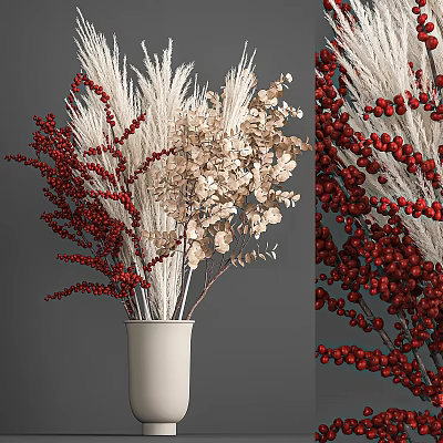 Elegant Decorative Ornament Set With Red Berries Beige Leaves And White Reeds In White Vase 3d model