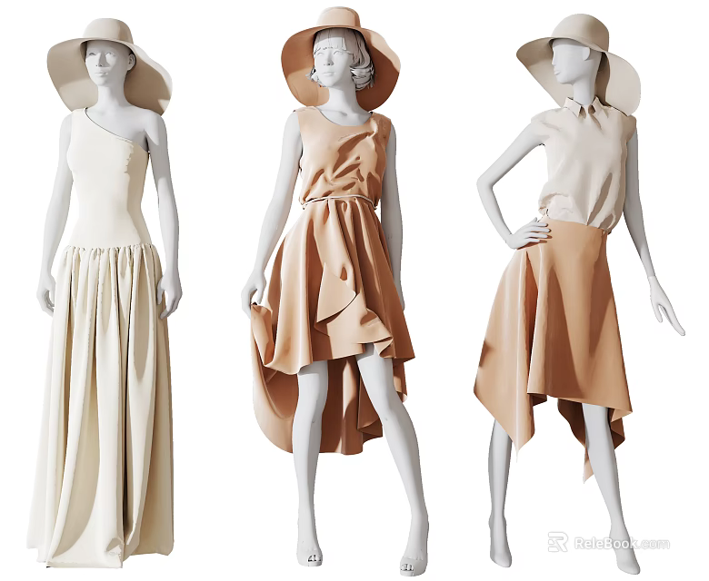 Fashion Models Showcasing Various One Shoulder Dresses In Beige And Peach 3d model 
