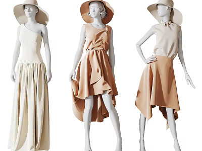 Fashion Models Showcasing Various One Shoulder Dresses In Beige And Peach 3d model