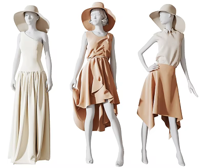Fashion Models Showcasing Various One Shoulder Dresses In Beige And Peach 3d model
