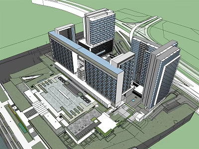 Modern High Rise Hotel Building With Glass Facade And Surrounding Plaza 3d model