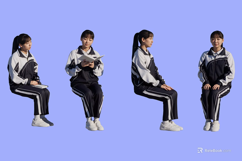Group of Female Students in School Uniforms Sitting and Reading Book on Light Blue Background 3d model 