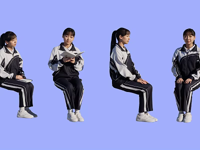 Group of Female Students in School Uniforms Sitting and Reading Book on Light Blue Background 3d model