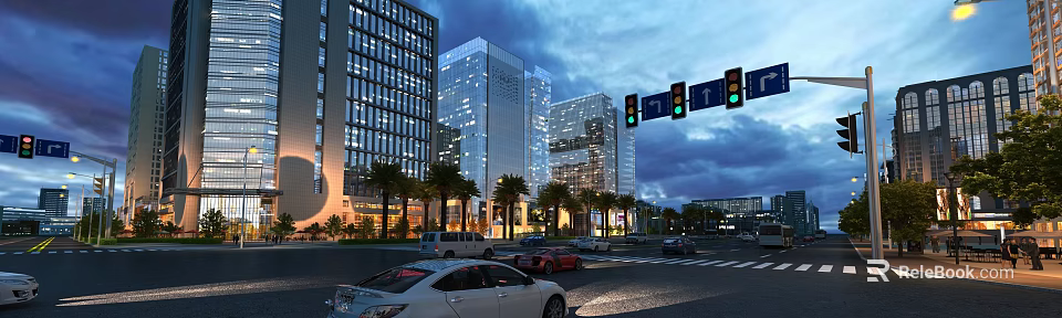 Modern Urban Night Cityscape With Tall Buildings Traffic Lights And Moving Vehicles 3d model 