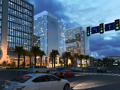 Modern Urban Night Cityscape With Tall Buildings Traffic Lights And Moving Vehicles 3d model