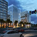 Modern Urban Night Cityscape With Tall Buildings Traffic Lights And Moving Vehicles