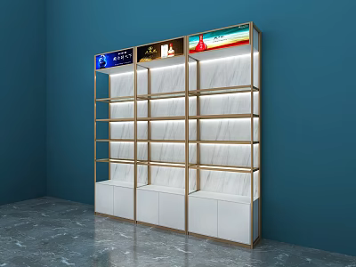 Modern Display Shelf with Golden Frame White Shelves Cabinets and Built in Lighting 3d model