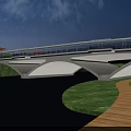 Modern Bridge With Red Canopies Over River And Scenic Mountain City Landscape