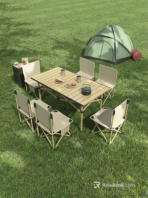 Outdoor Camping Table with Foldable Design and Six Chairs for Picnic in Grass Area 3d model 