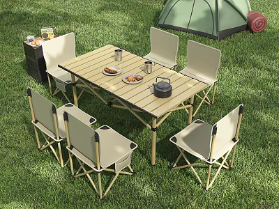 Outdoor Camping Table with Foldable Design and Six Chairs for Picnic in Grass Area 3d model