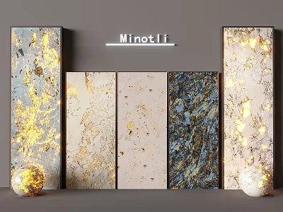 Luxurious Minotli Background Wall Panels With Golden Blue Beige Textures And Decorative Spheres 3d model