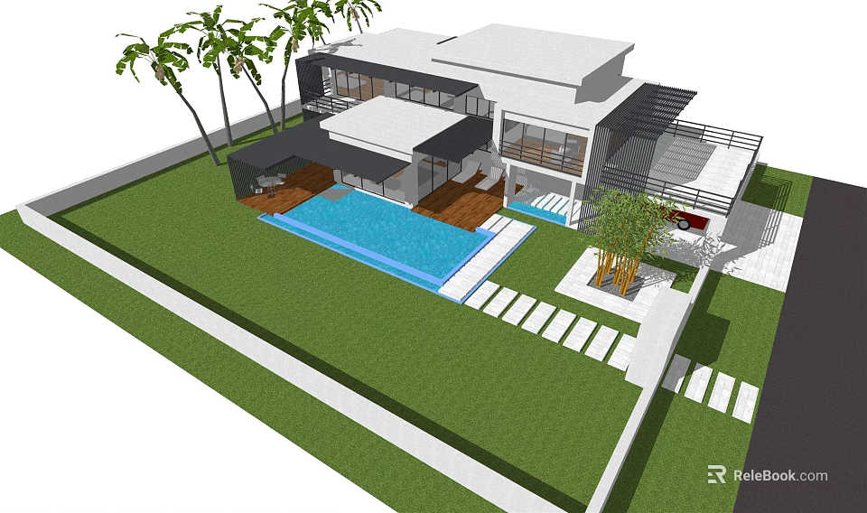 Modern Detached Villa With Swimming Pool Lush Lawn And Palm Trees 3d model 