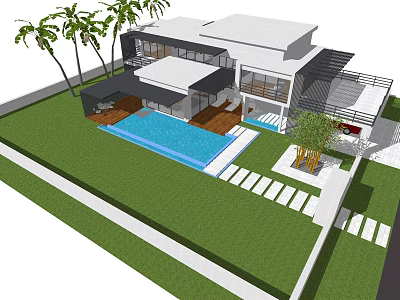 Modern Detached Villa With Swimming Pool Lush Lawn And Palm Trees 3d model