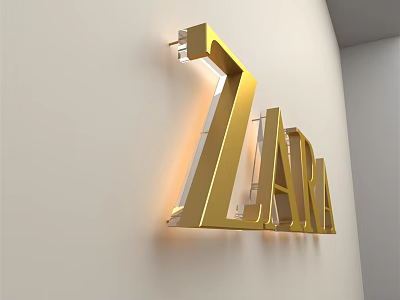 Golden ZARA Sign Wall Decor Mounted on White Wall with Modern Lighting 3d model