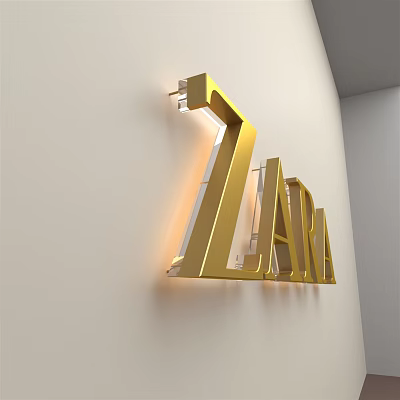 Golden ZARA Sign Wall Decor Mounted on White Wall with Modern Lighting 3d model