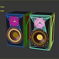 Modern Bookshelf Speakers With Red Wooden Finish And Black Speaker Cones On Reflective Surface