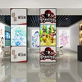 Anime Game Characters Display In Modern Exhibition Hall With Digital Screens And Mannequins