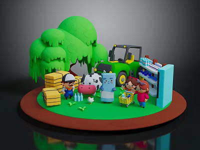 Cartoon Farm Characters With Farmer Children Cow Blue Creature Chick Green Trees And Tractor 3d model